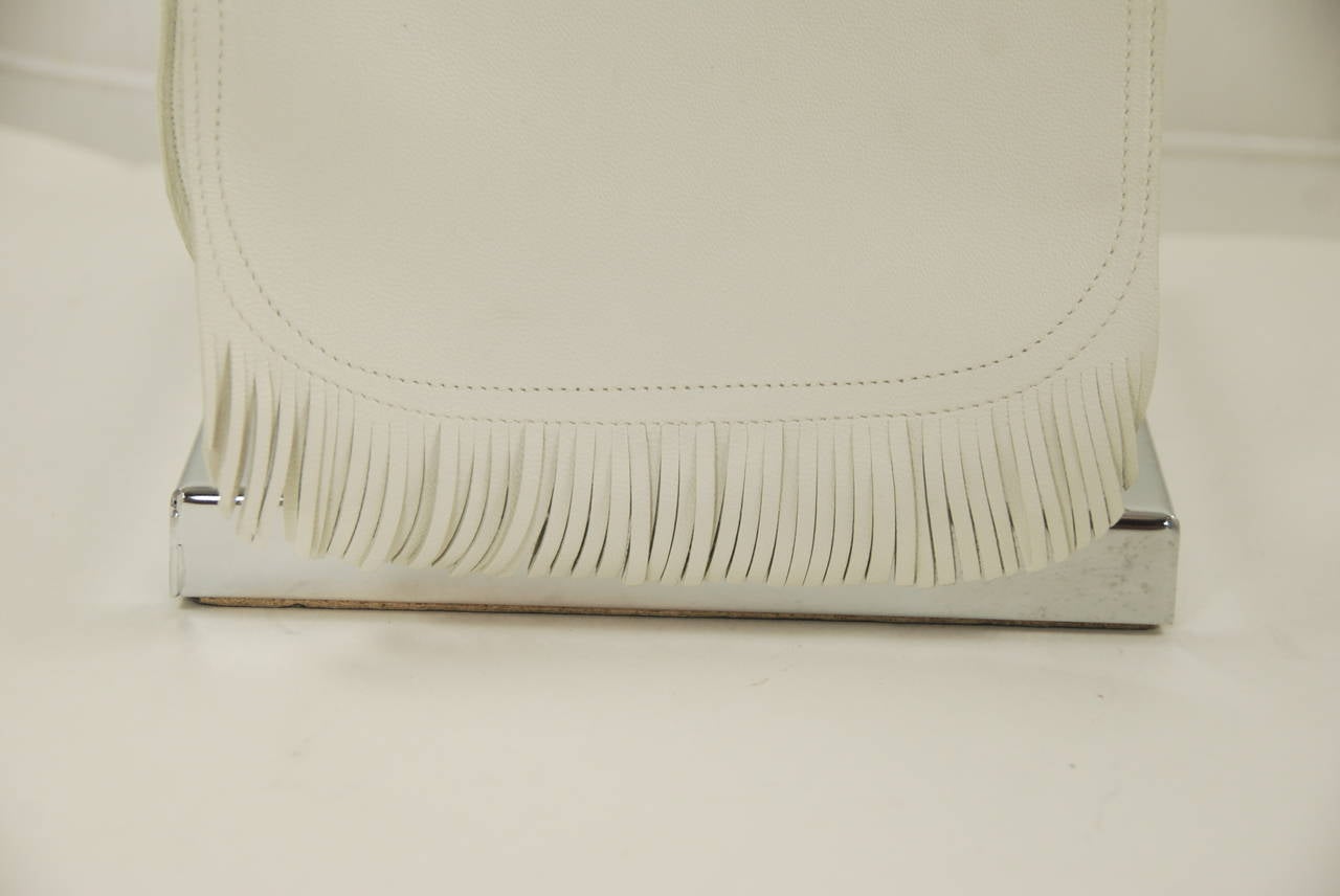 1970s Dior White Leather Fringe Shoulder Bag New in Box