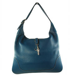 Hermes 38cm Blue Thalassa Togo Leather Trim Bag with Palladium Hardware