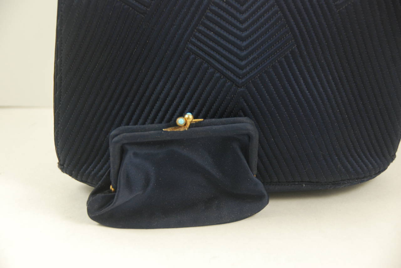 1930s French Navy Satin Art Deco Evening Bag with Enamel and Turquoise Frame For Sale 2