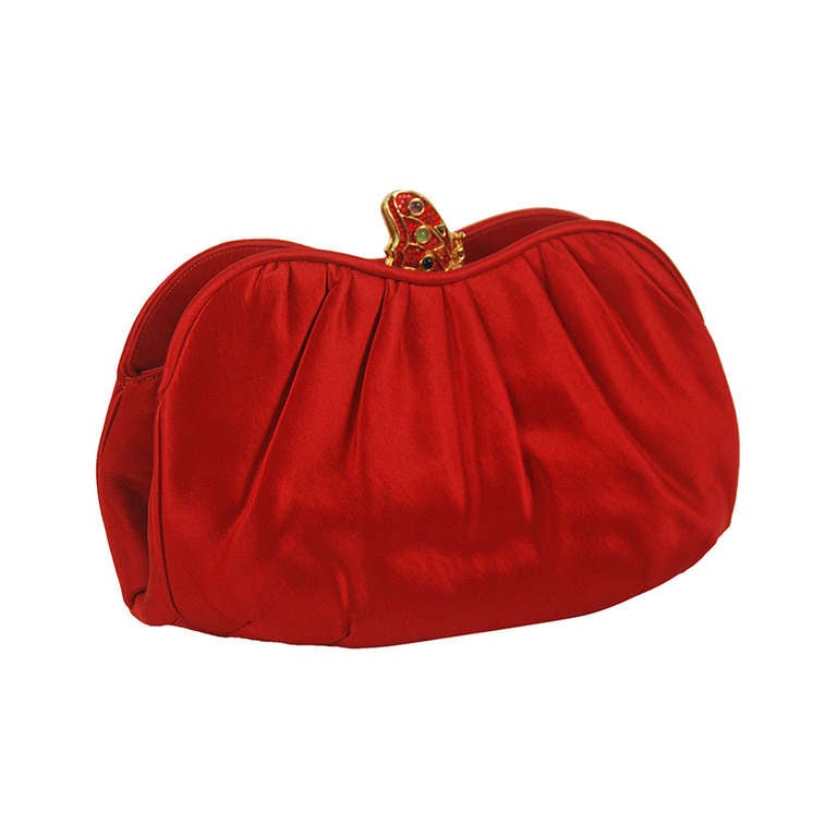 1980s Judith Leiber Red Satin Evening Bag with Butterfly Clasp For Sale