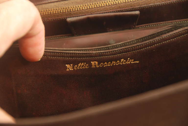 Women's 1940s Nettie Rosenstein Brown Ultra Suede Handbag with Bakelite Clasp For Sale