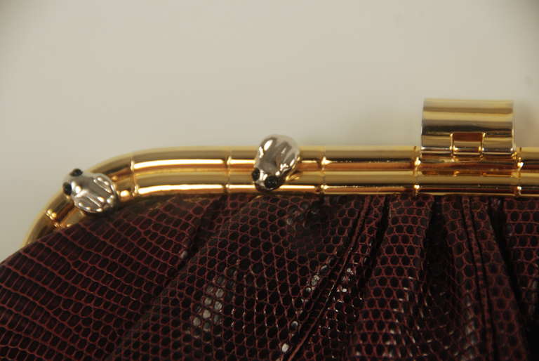 1980s Leiber Burgundy Karung Clutch with Frogs on Frame For Sale 1