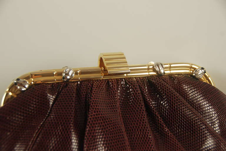 Women's 1980s Leiber Burgundy Karung Clutch with Frogs on Frame For Sale