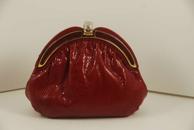 1980s Red Lizard Evening bag with Rhinestone Snake Frame In Excellent Condition In New York, NY