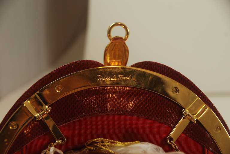 1980s Red Lizard Evening bag with Rhinestone Snake Frame 1