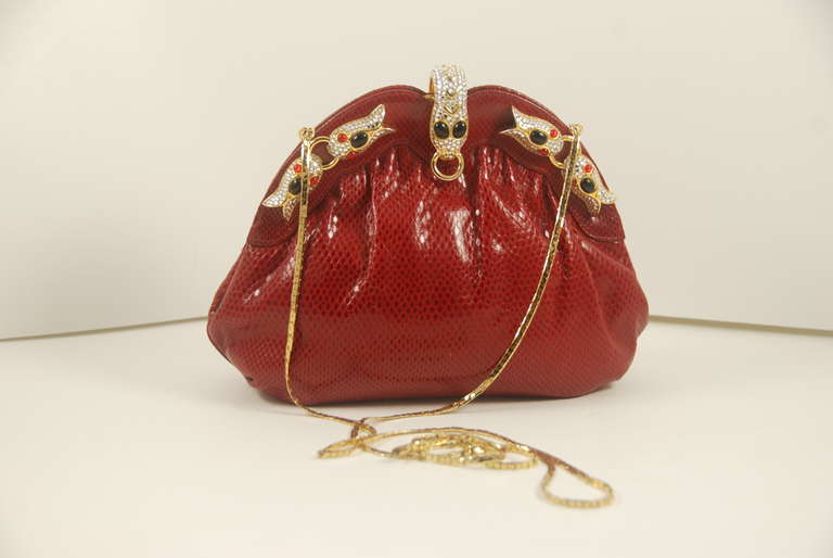 1980s Red Lizard Evening bag with Rhinestone Snake Frame 2