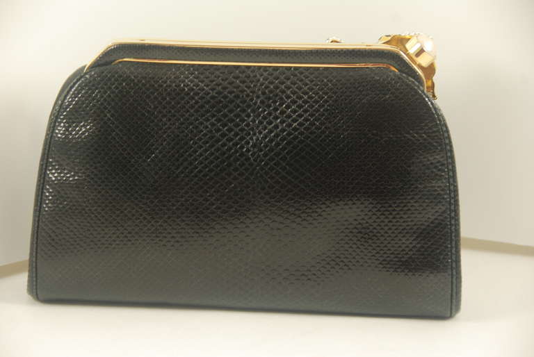 Women's 1980s Judith Leiber Black Karung Clutch with Rhinestone Snail Clasp