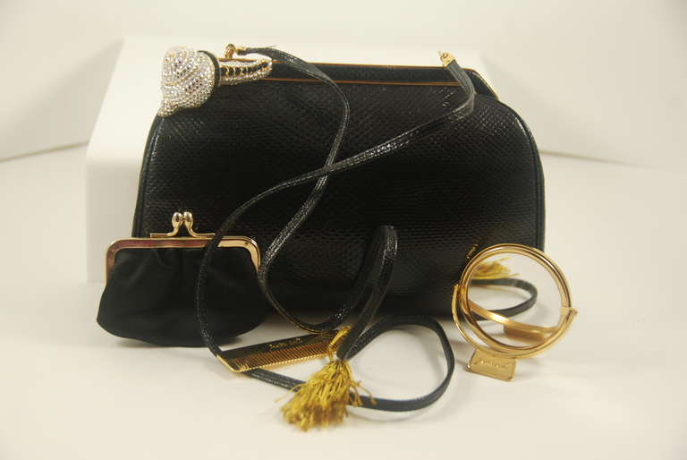 1980s Judith Leiber Black Karung Clutch with Rhinestone Snail Clasp 4