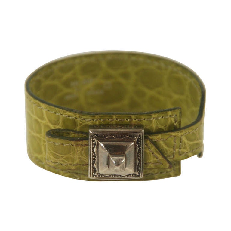 1990s Hermes Touareg Bracelet in Silver and Green Alligator For Sale