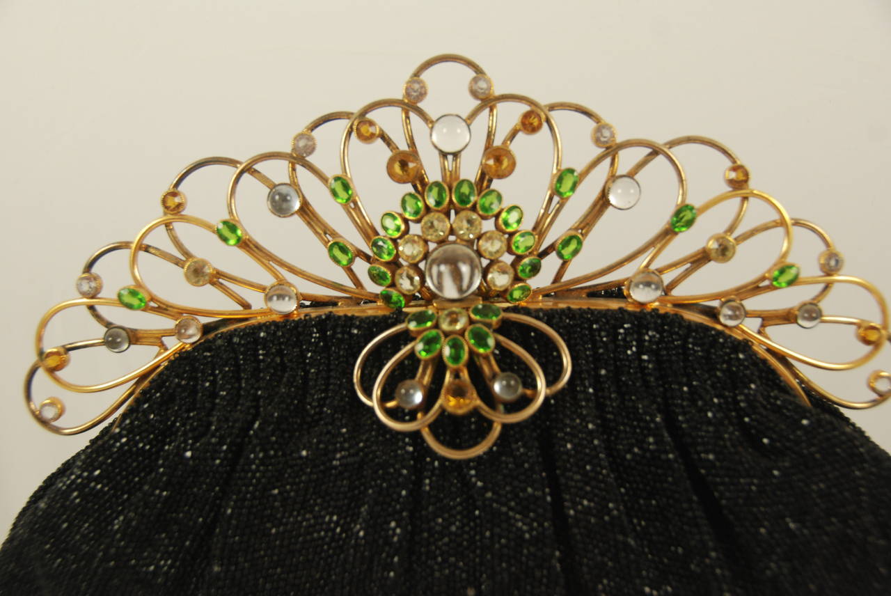 1950s Josef Black Beaded Evening Bag with Jeweled Hobe Style Frame In Excellent Condition For Sale In New York, NY