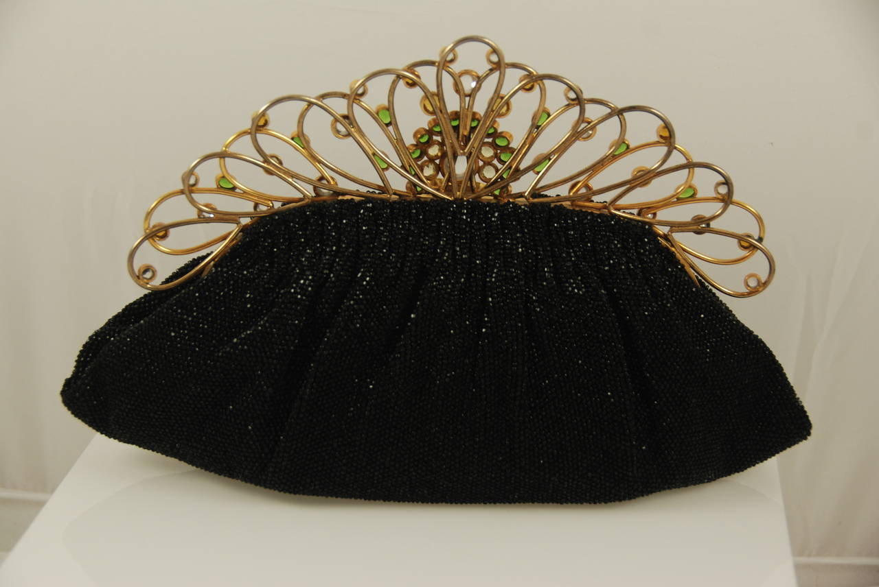 Women's 1950s Josef Black Beaded Evening Bag with Jeweled Hobe Style Frame For Sale