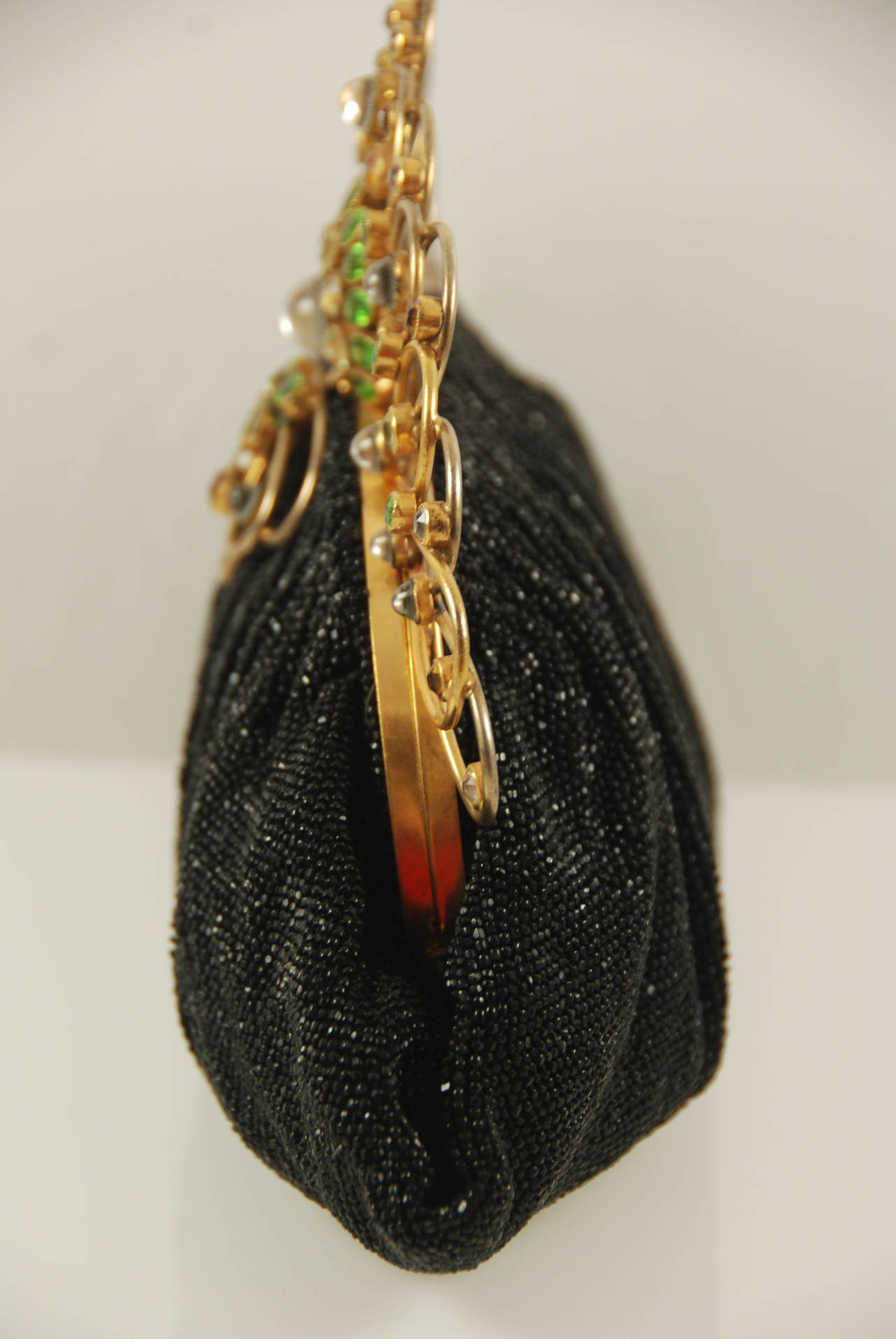 1950s Josef Black Beaded Evening Bag with Jeweled Hobe Style Frame For Sale 1