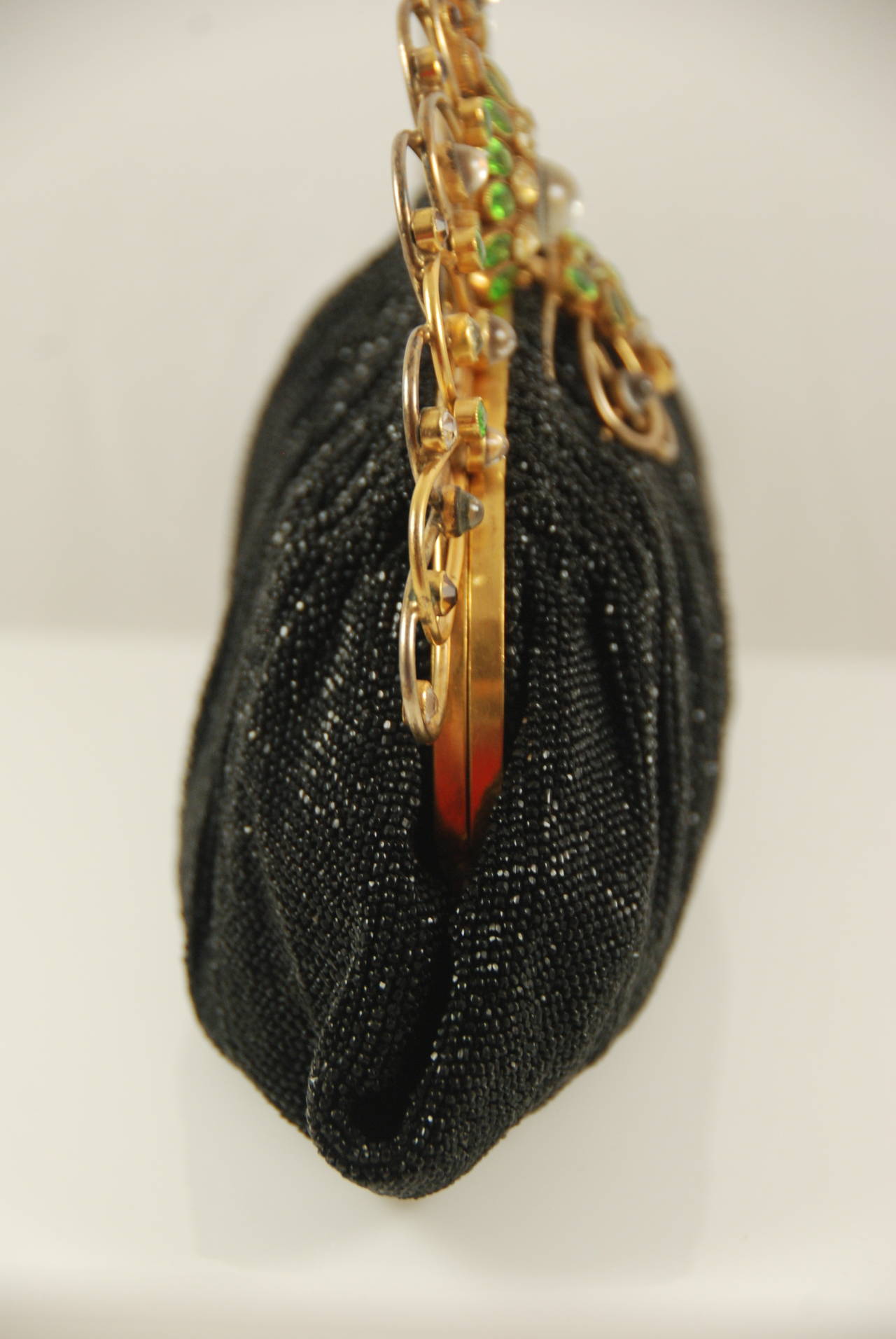 1950s Josef Black Beaded Evening Bag with Jeweled Hobe Style Frame For Sale 2