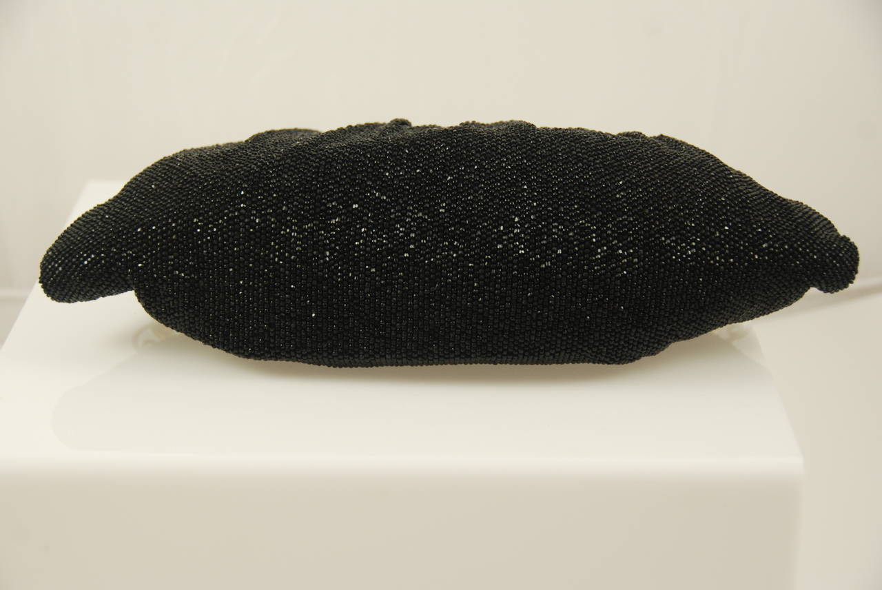 1950s Josef Black Beaded Evening Bag with Jeweled Hobe Style Frame For Sale 3