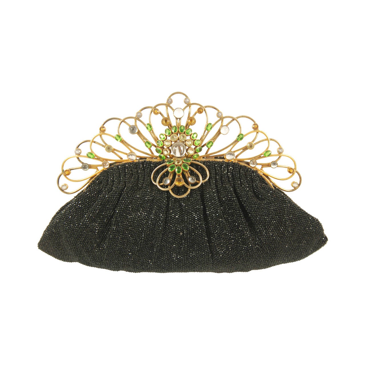 1950s Josef Black Beaded Evening Bag with Jeweled Hobe Style Frame For Sale