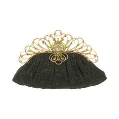 1950s Josef Black Beaded Evening Bag with Jeweled Hobe Style Frame