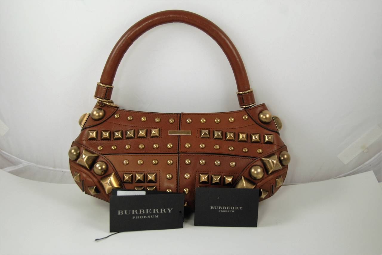Brown Leather Burberry Prorsum Handbag with Brass Studs For Sale 1