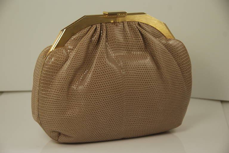 Brown 1980s Judith Leiber Tan Karung Clutch with Large Eye Clasp For Sale