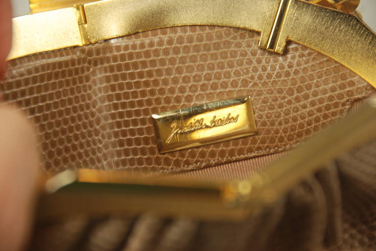 1980s Judith Leiber Tan Karung Clutch with Large Eye Clasp For Sale 1