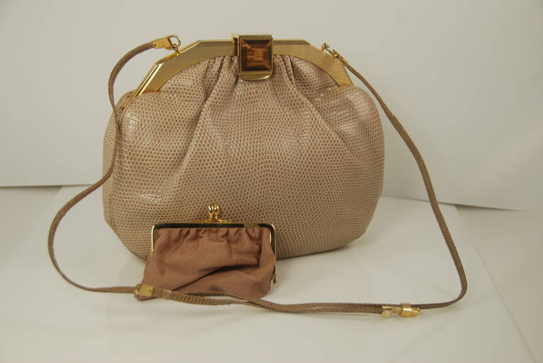 1980s Judith Leiber Tan Karung Clutch with Large Eye Clasp For Sale 2