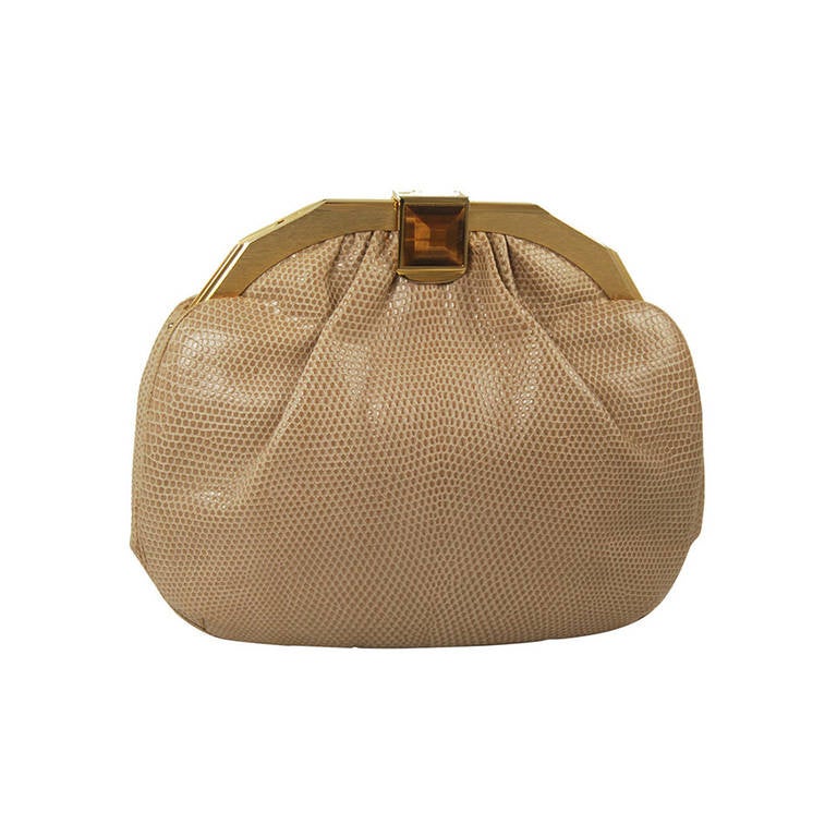 1980s Judith Leiber Tan Karung Clutch with Large Eye Clasp For Sale