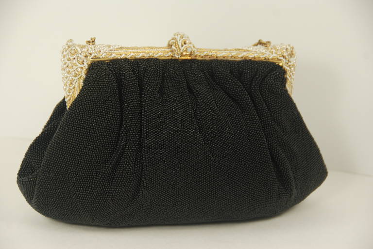 1950s Beaded Black Evening Bag with Ornate Beaded Frame For Sale 1