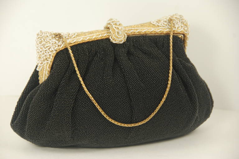 Women's 1950s Beaded Black Evening Bag with Ornate Beaded Frame For Sale
