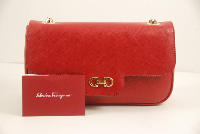 Contemporary Ferragamo Red Textured Calfskin Flap Bag 5