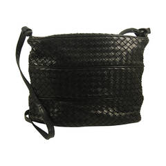 Vintage 1990s Bottega Veneta Black Nappa Leather Intrecciato Shoulder Bag