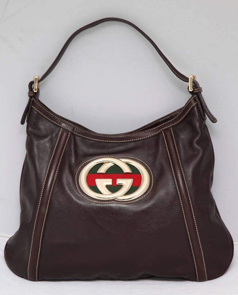 Black Large Gucci Brown Leather Shoulder Bag For Sale