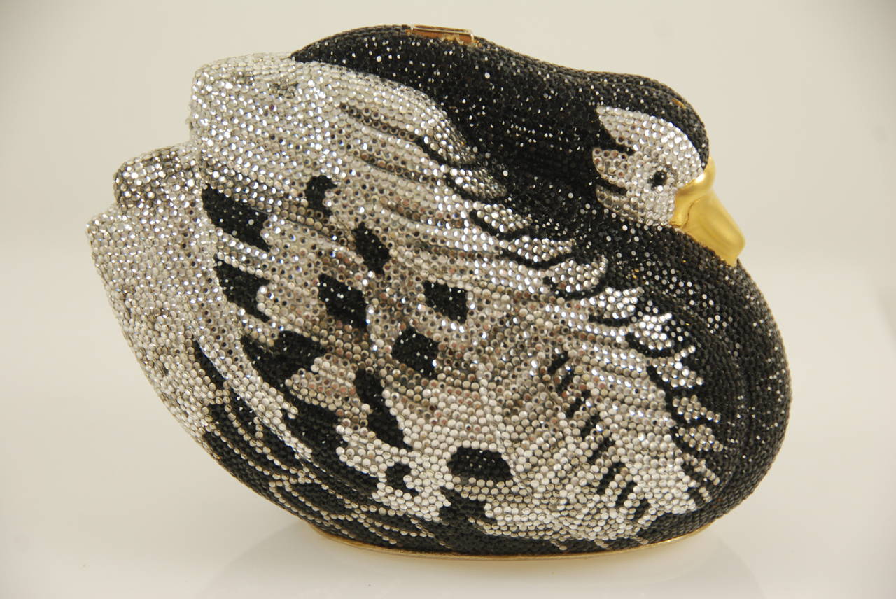 Fantastic rhinestone encrusted swan minaudiere by Judith Leiber. Colors are black clear and grey rhinestones. All stones are present. This bag was the epi center of an episode of Sex and the City, Big, gave Carrie the swan minaudiere as a gift,