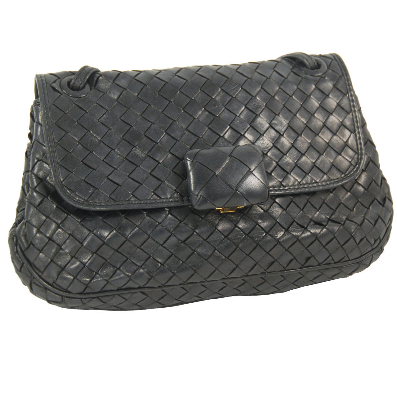 1990s Bottega Veneta Nero Calf Intrecciato Shoulder Bag