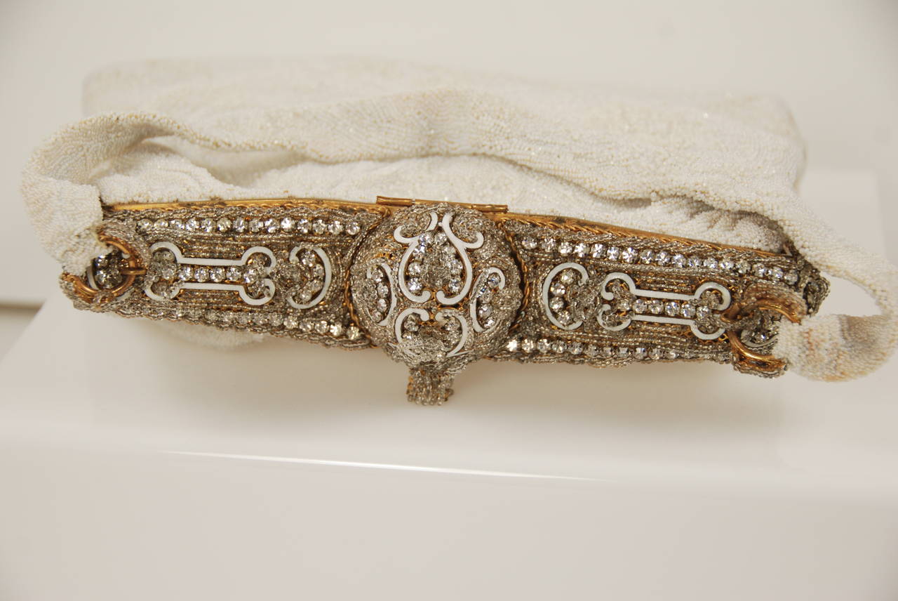1940s Caviar Beaded White Evening Bag with Enamel and Rhinestone Frame In Excellent Condition In New York, NY