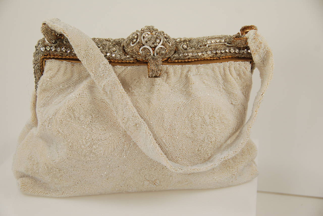 Women's 1940s Caviar Beaded White Evening Bag with Enamel and Rhinestone Frame