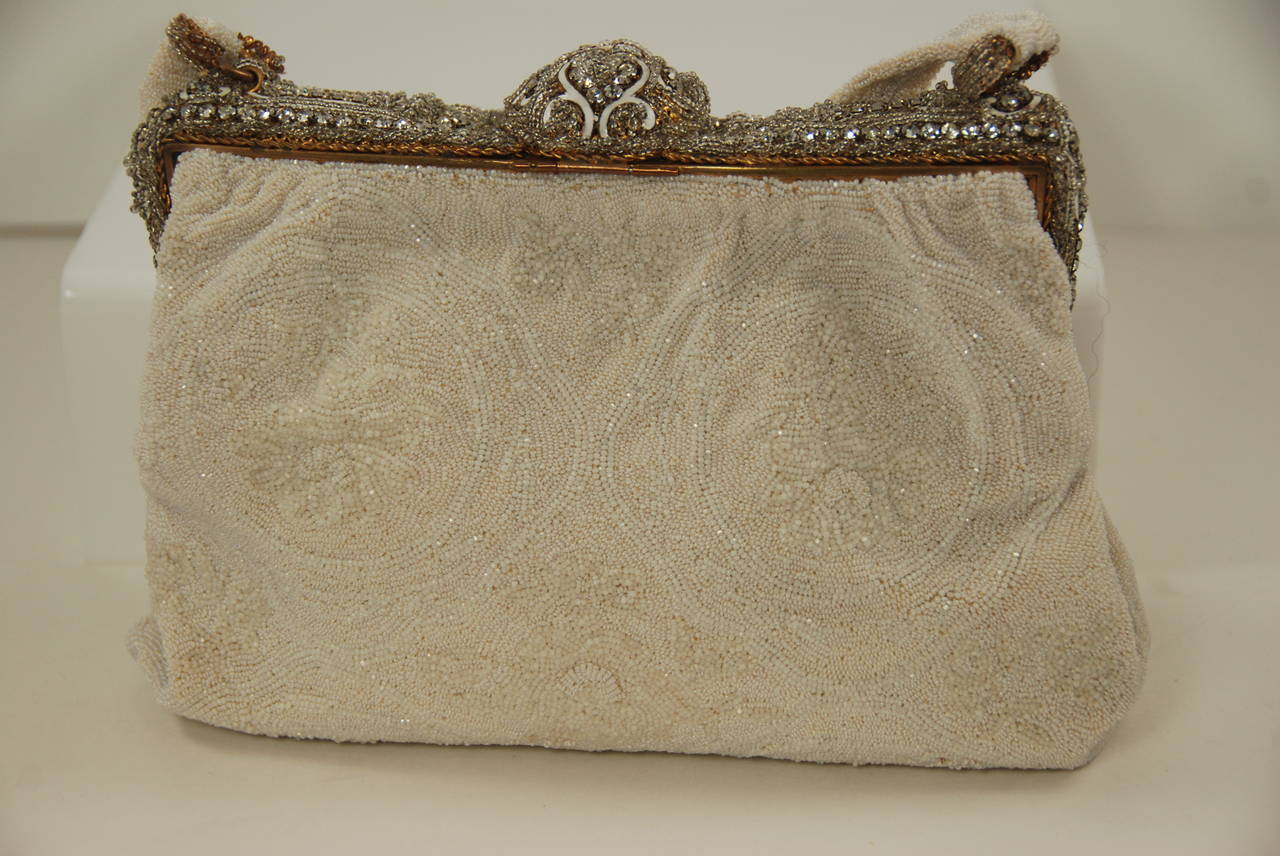 1940s Caviar Beaded White Evening Bag with Enamel and Rhinestone Frame 1