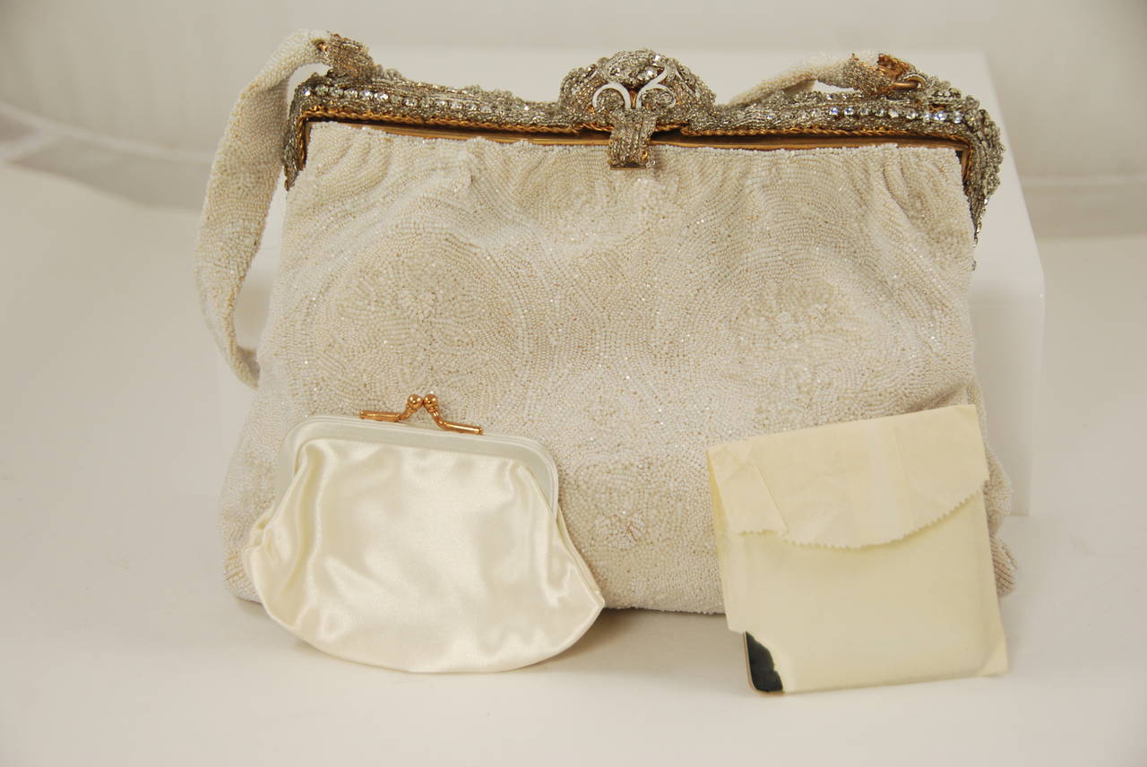 1940s Caviar Beaded White Evening Bag with Enamel and Rhinestone Frame 5