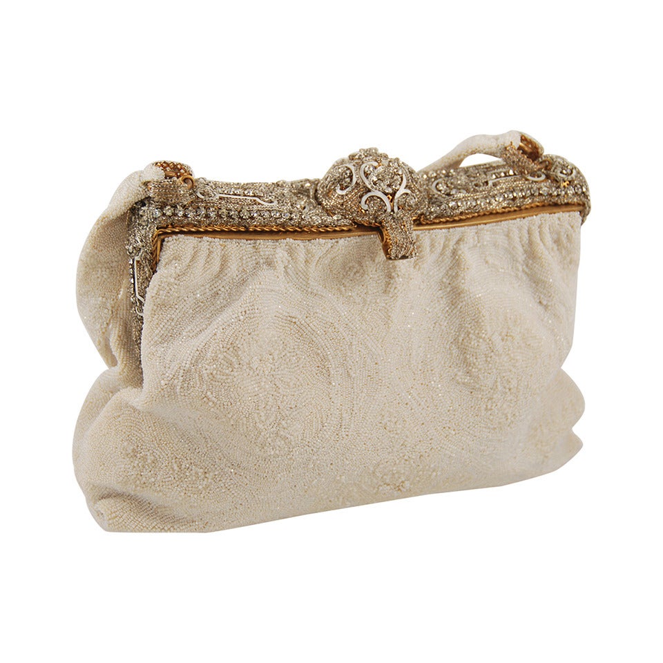 1940s Caviar Beaded White Evening Bag with Enamel and Rhinestone Frame