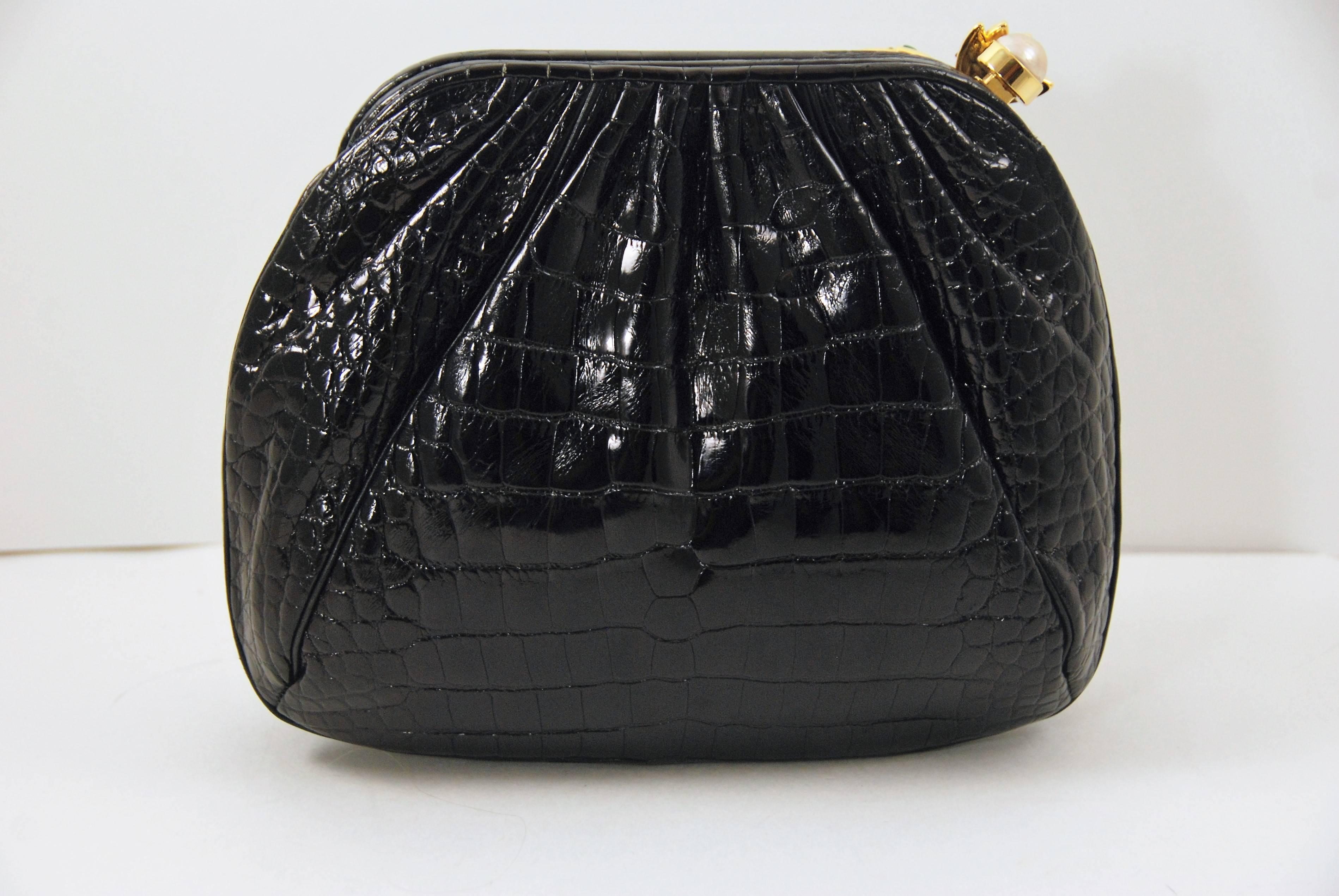 Women's 1980s Judith Leiber Black Alligator Bag with Jeweled and Enamel Clasp