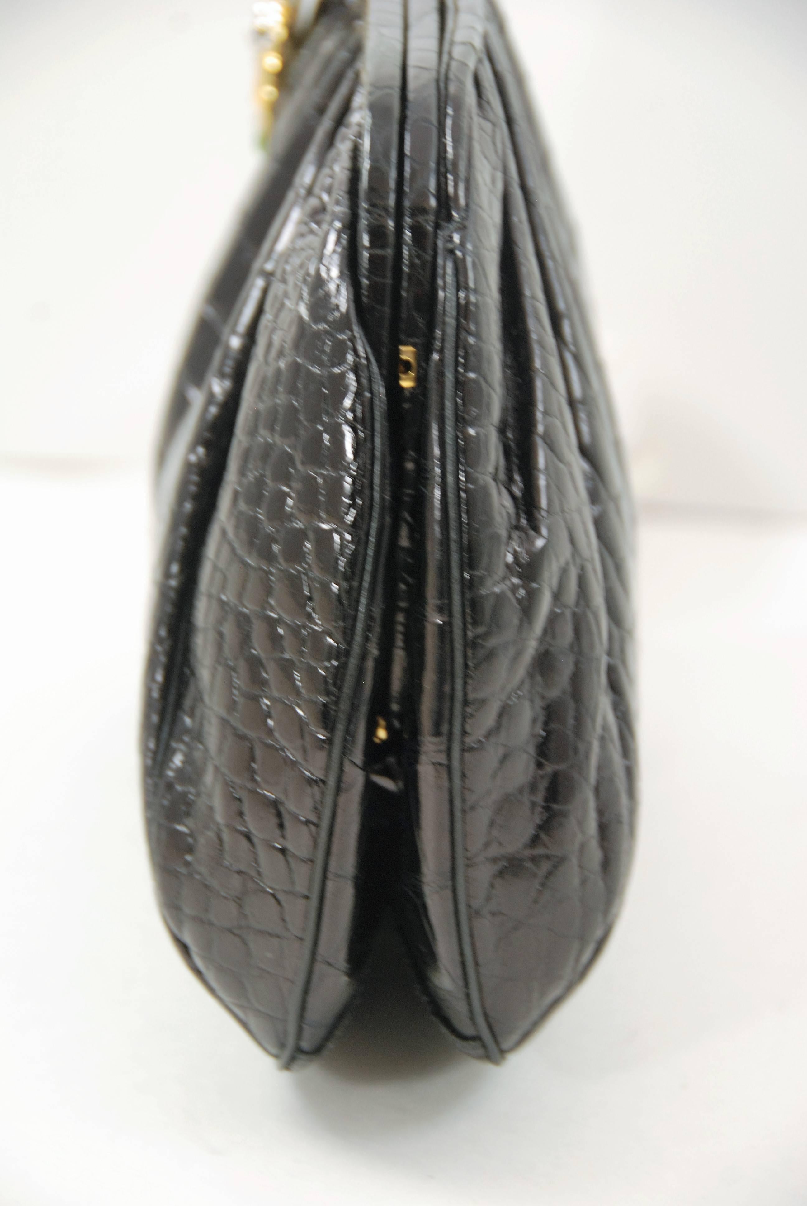 1980s Judith Leiber Black Alligator Bag with Jeweled and Enamel Clasp 1