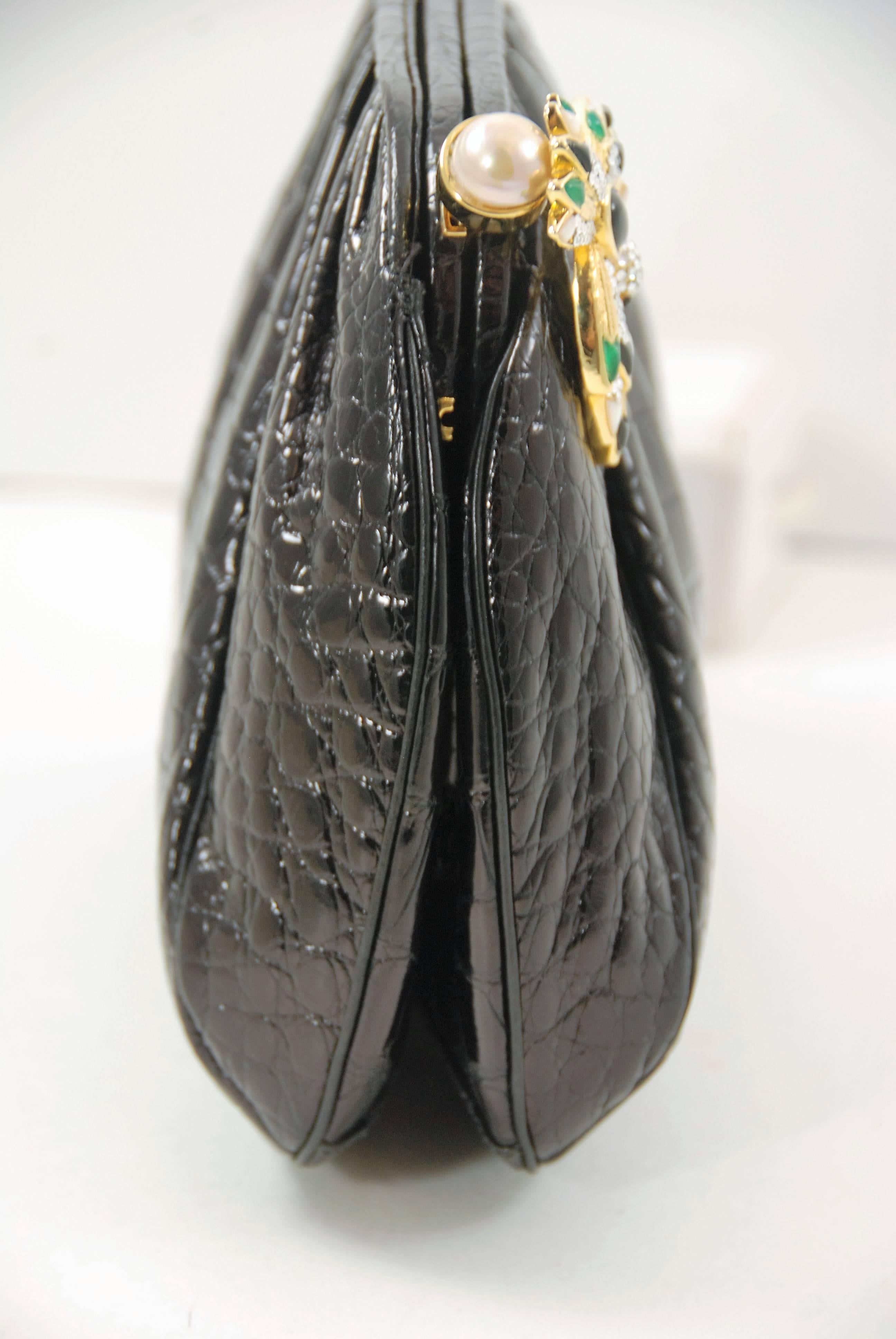 1980s Judith Leiber Black Alligator Bag with Jeweled and Enamel Clasp 2