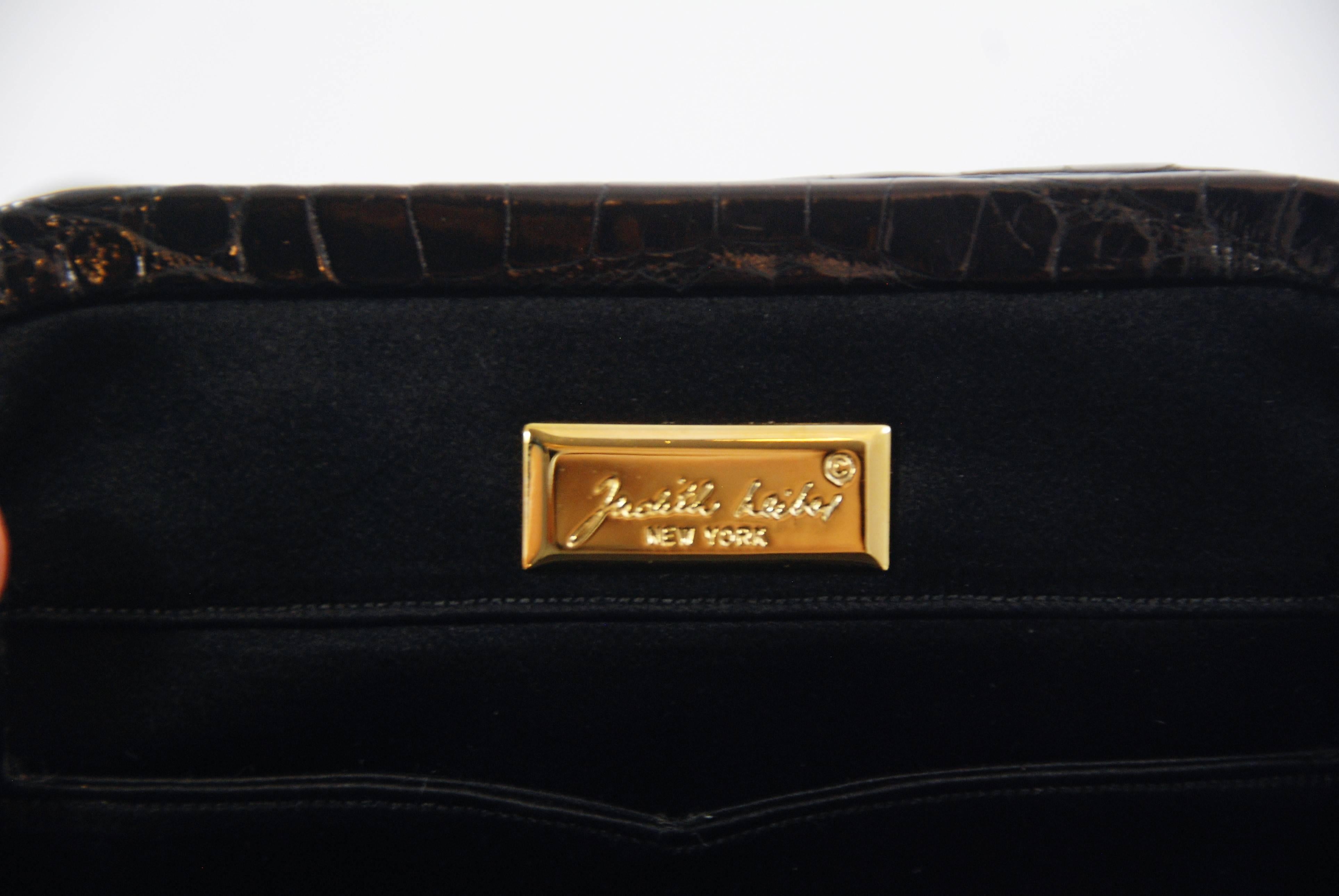 1980s Judith Leiber Black Alligator Bag with Jeweled and Enamel Clasp 3
