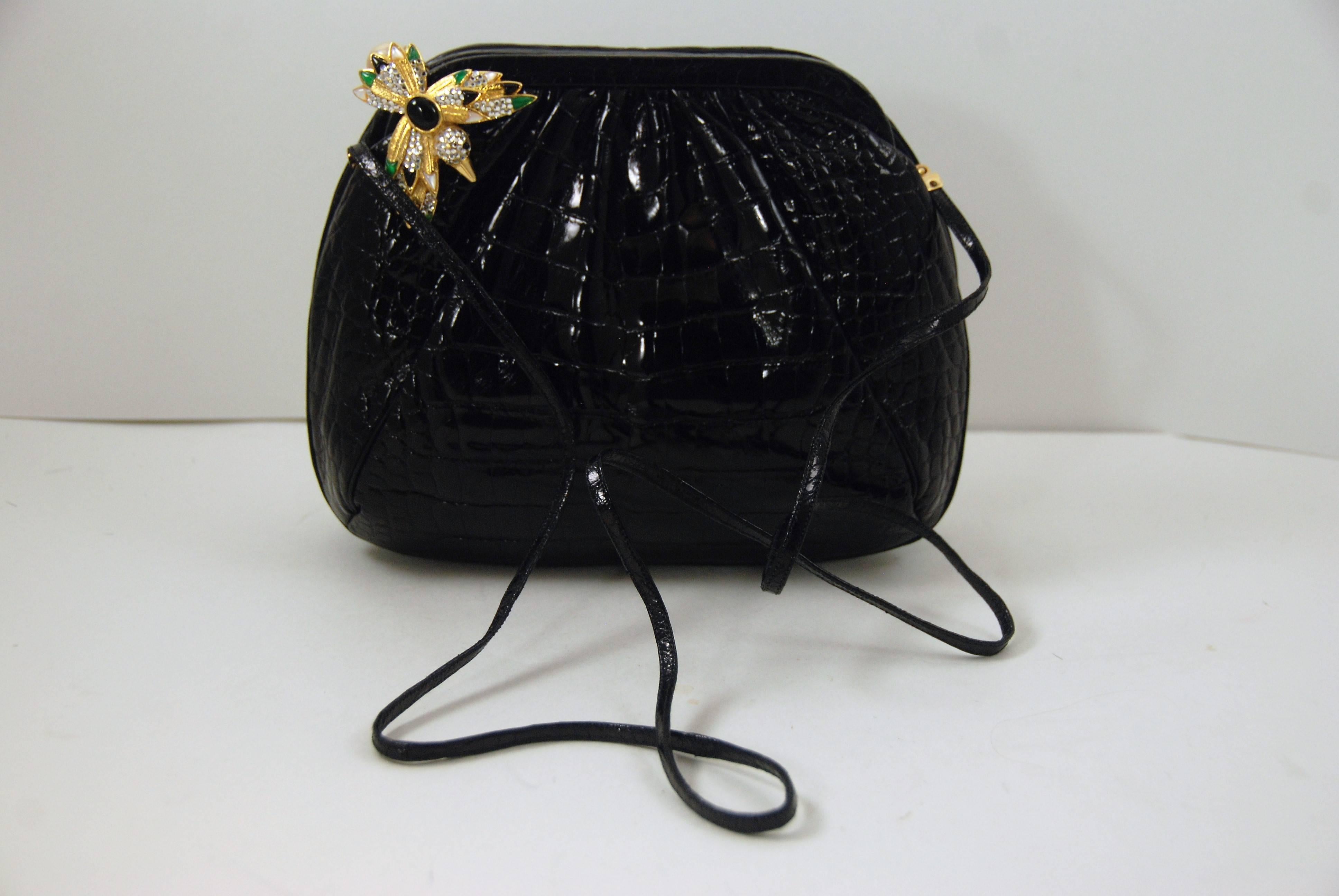 1980s Judith Leiber Black Alligator Bag with Jeweled and Enamel Clasp 4