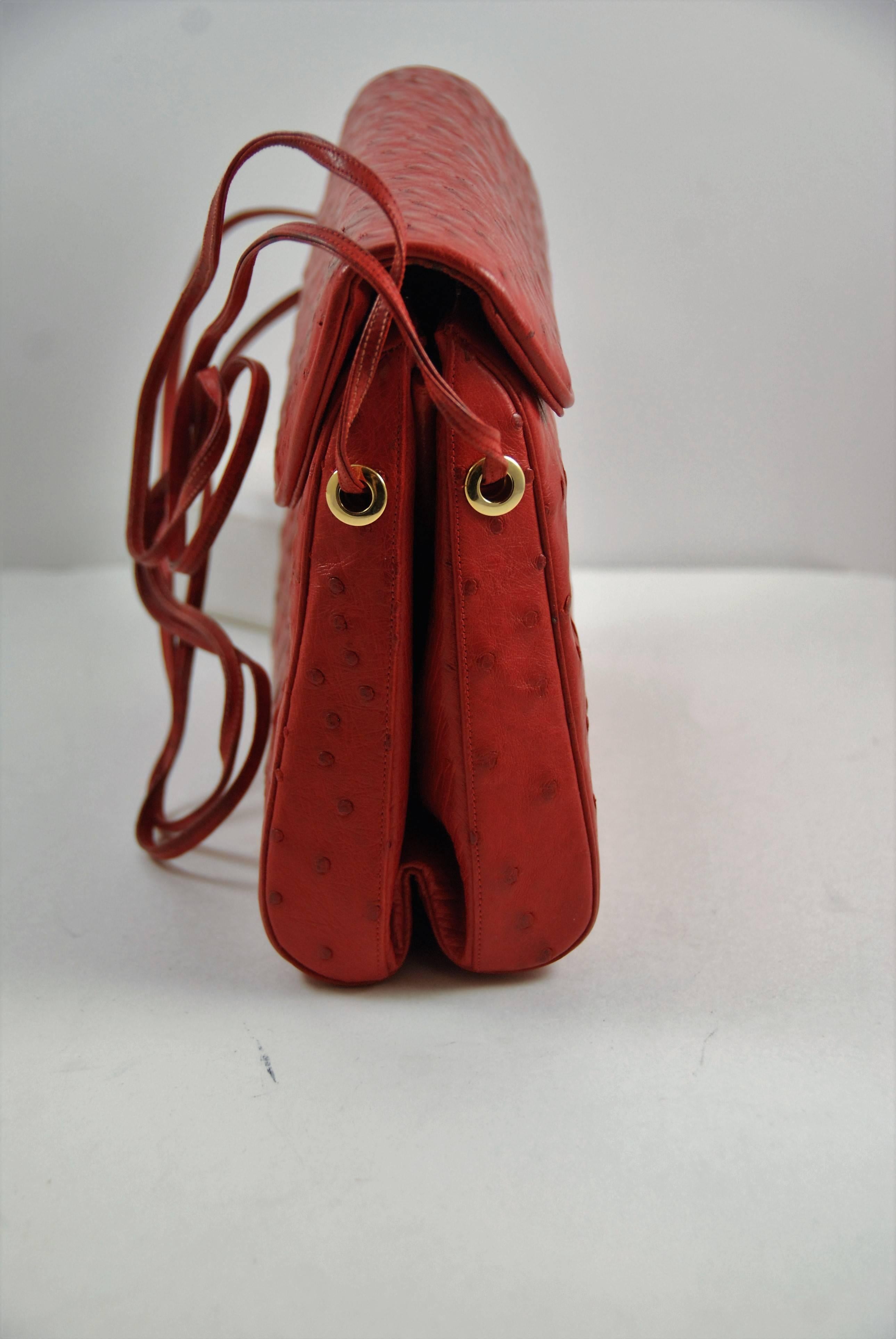 19802 Geranium Red Judith Leiber Ostrich Shoulder Bag In Excellent Condition For Sale In New York, NY