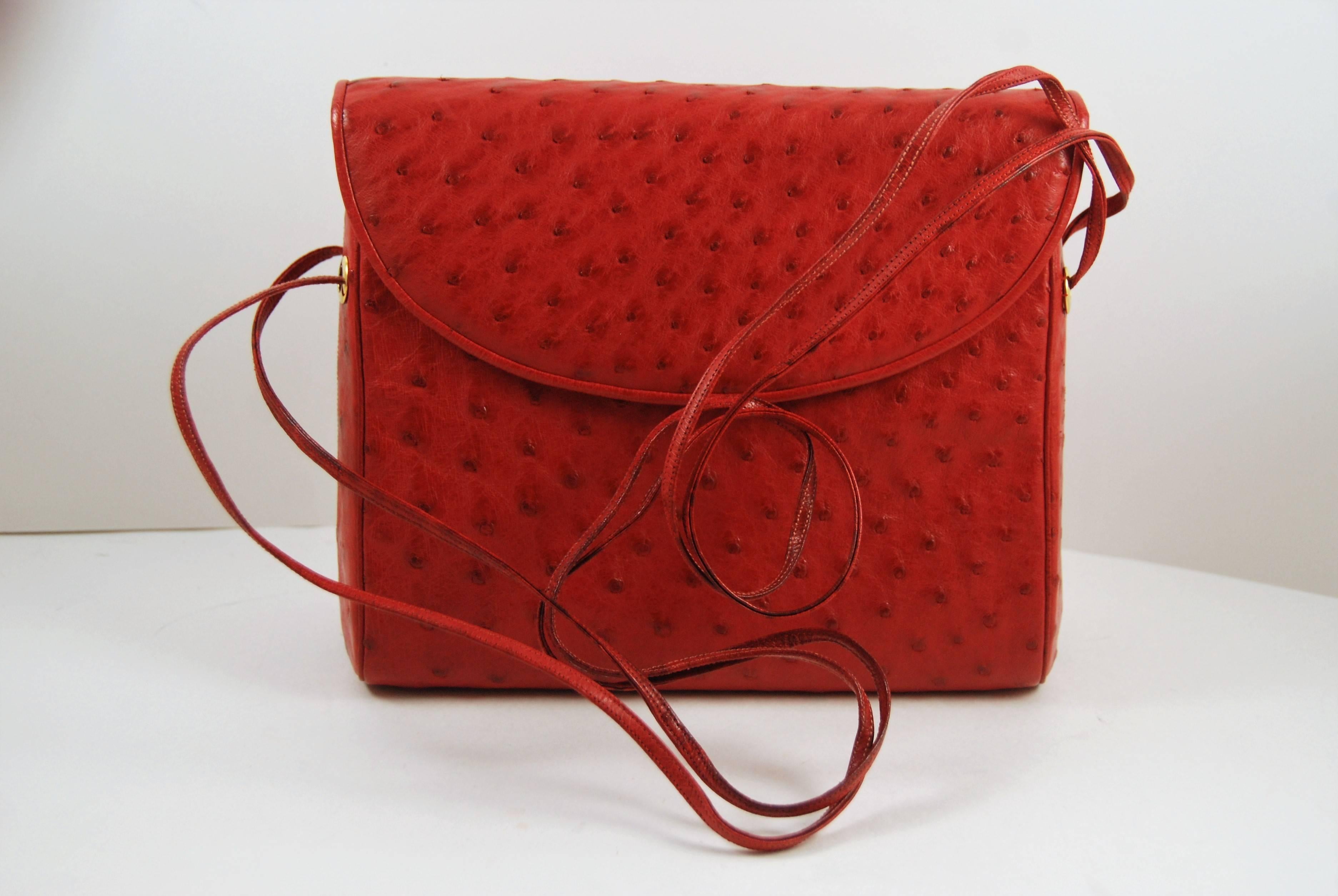 Women's 19802 Geranium Red Judith Leiber Ostrich Shoulder Bag For Sale