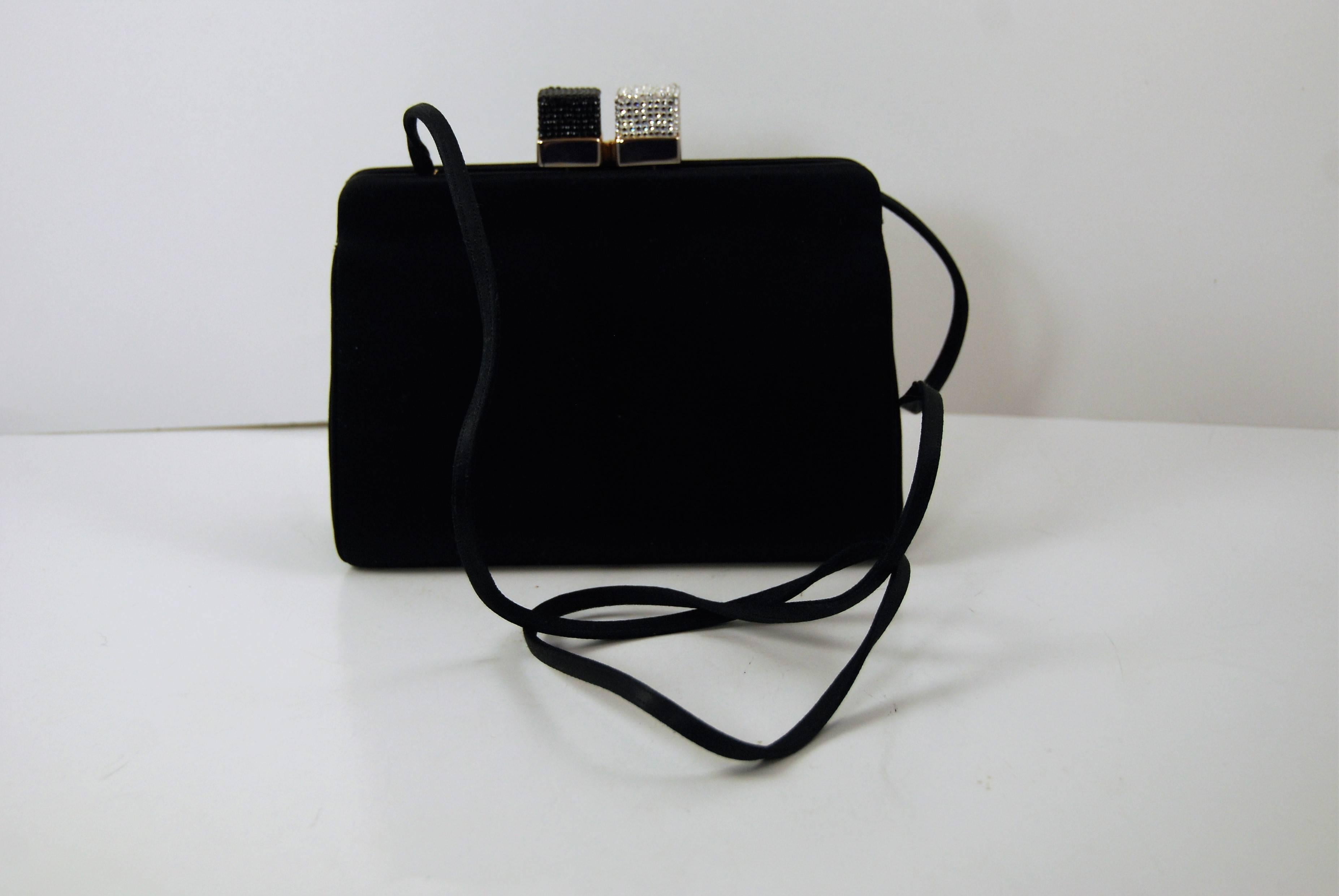 Vintage Judith Leiber Black Satin Evening Bag with Jeweled Clasp In Excellent Condition For Sale In New York, NY