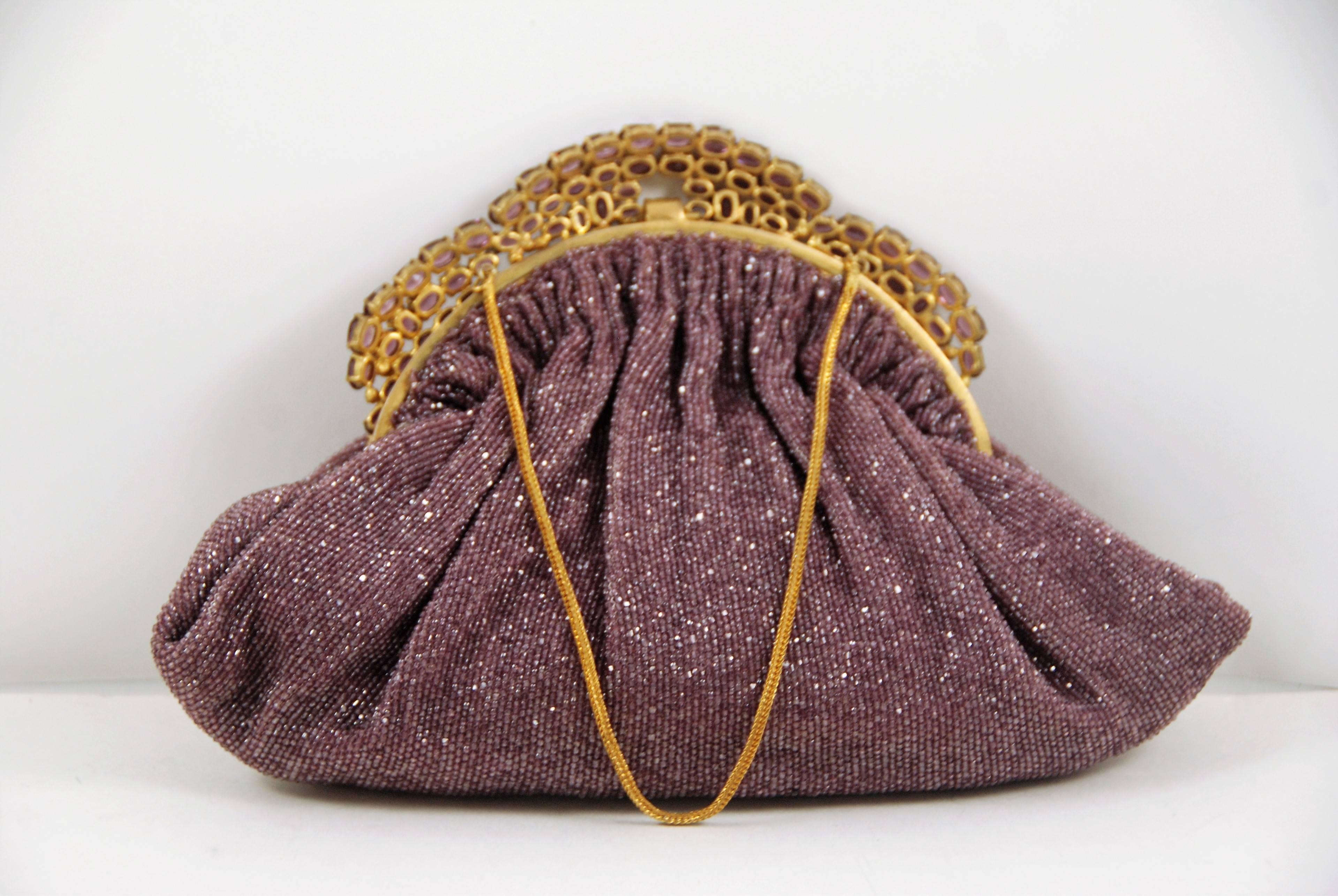 Brown 1950s Josef Purple Beaded Evening Bag with Jeweled Frame For Sale