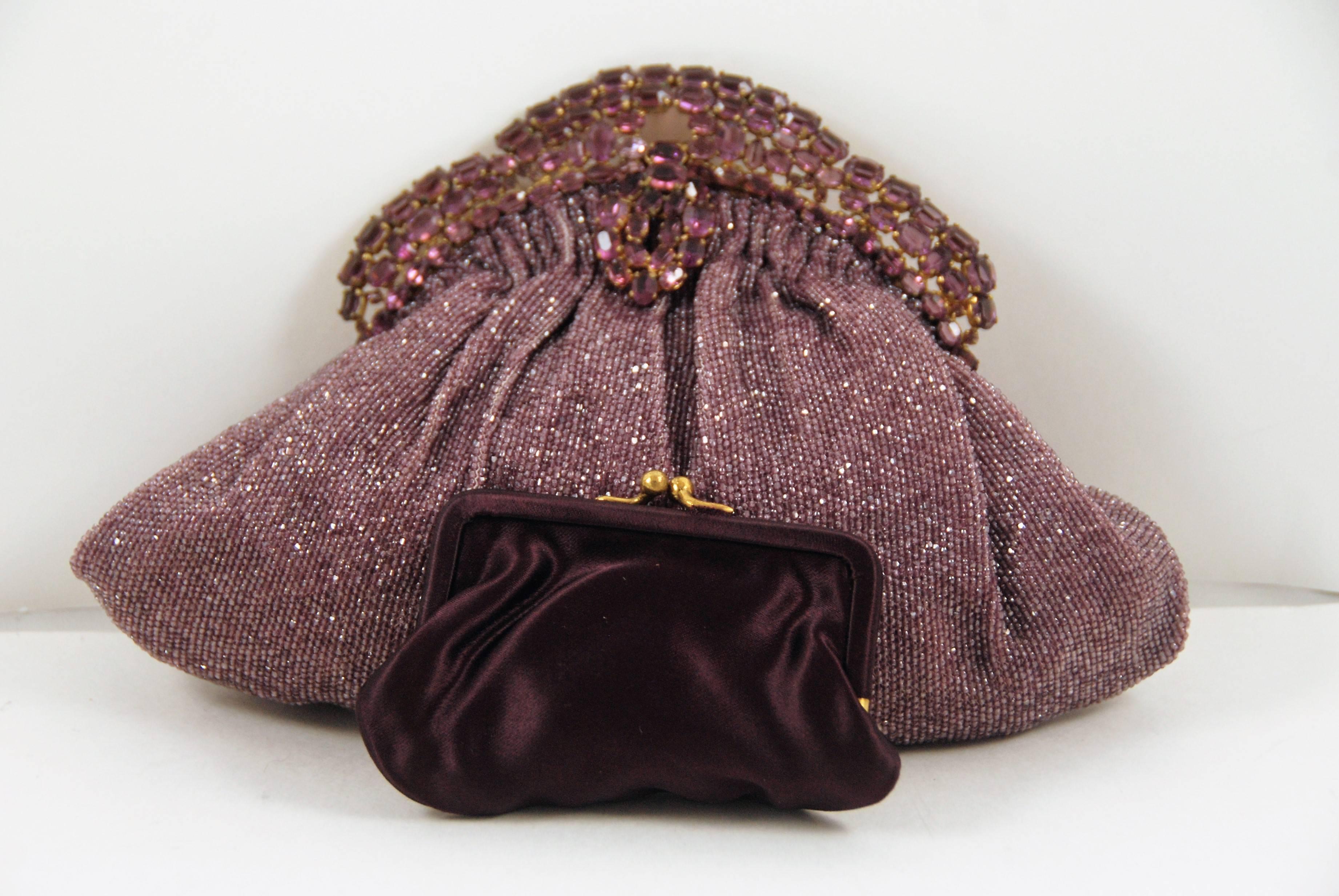 1950s Josef Purple Beaded Evening Bag with Jeweled Frame For Sale 2