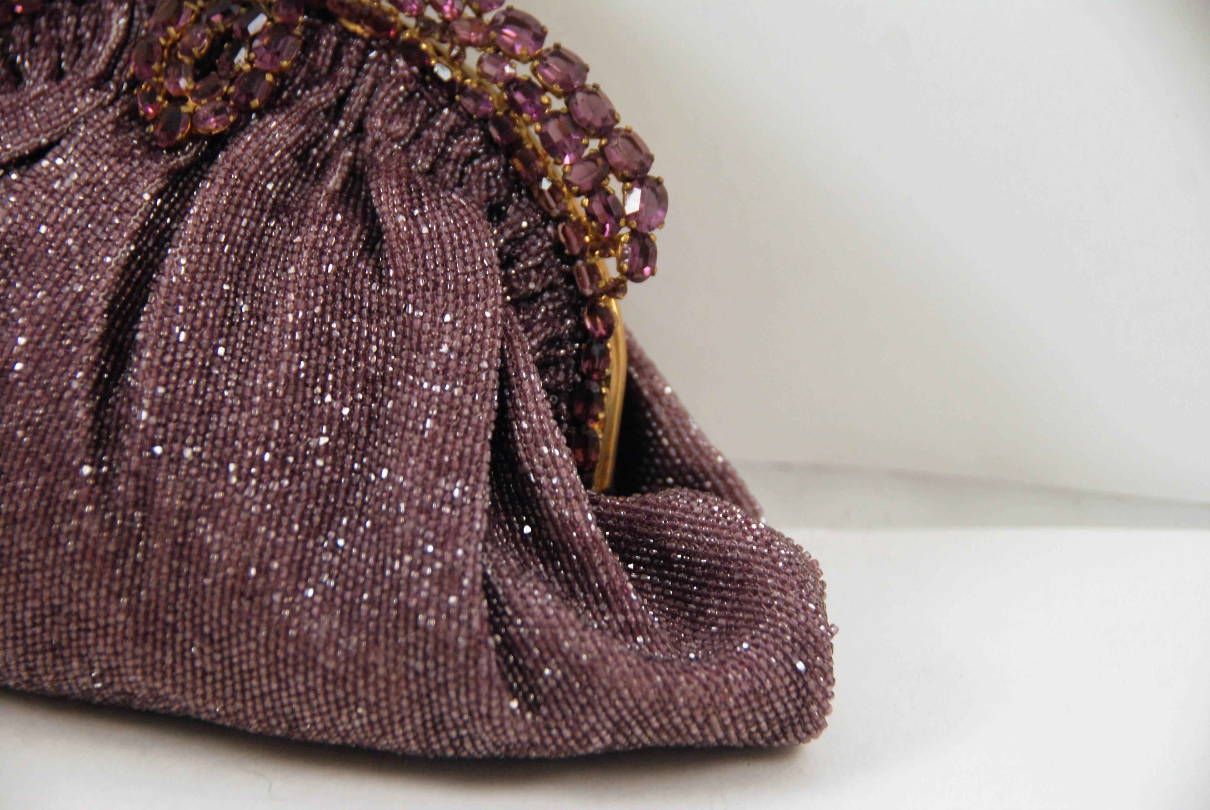 1950s Josef Purple Beaded Evening Bag with Jeweled Frame In Excellent Condition For Sale In New York, NY