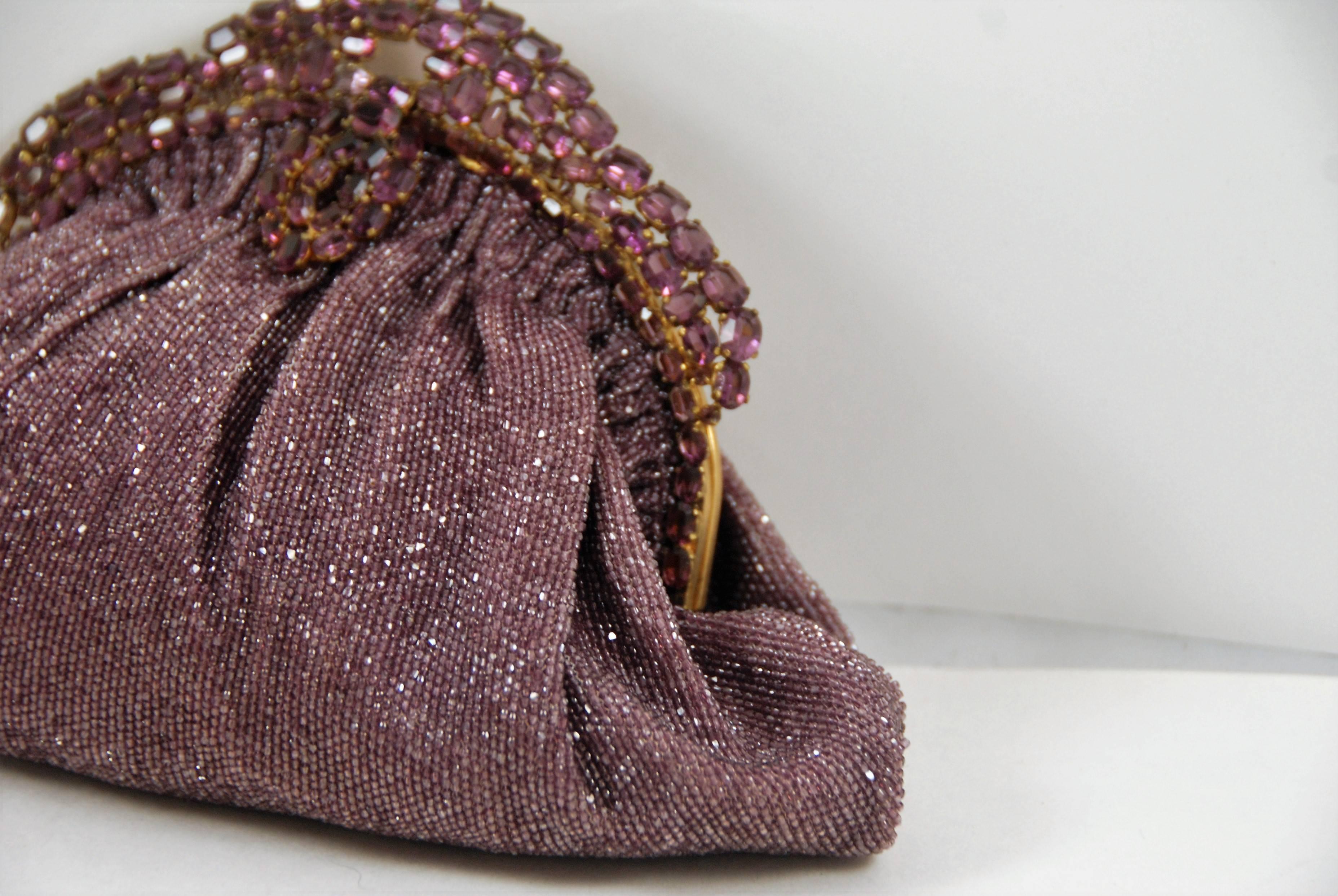 Women's 1950s Josef Purple Beaded Evening Bag with Jeweled Frame For Sale