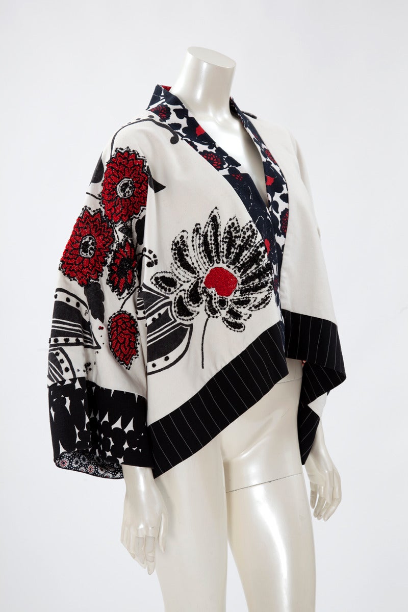 Kenzo Runway Printed Cotton & Beads Kimono Jacket In Excellent Condition In Geneva, CH